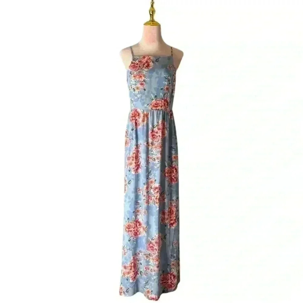Band of GypsiesโFloral Maxi Dress Blue/Coral Medium NWT boho garden girl fairy